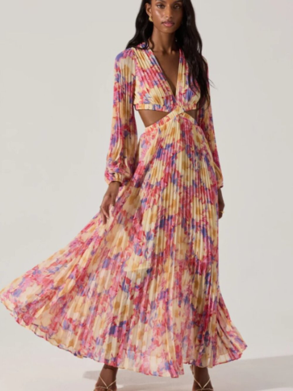Astr Pleated Cutout Maxi Dress in Pink, Yellow, Purple
